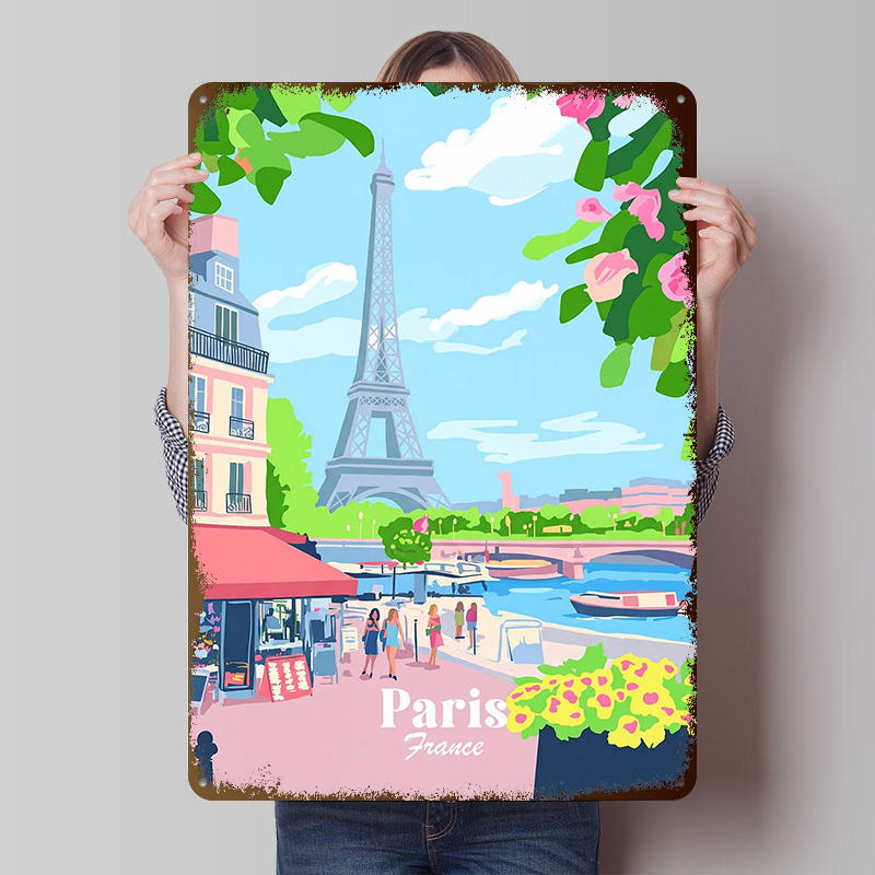 Retro Gaming France - Poster Paris Prancis Kustom, Papan Logam