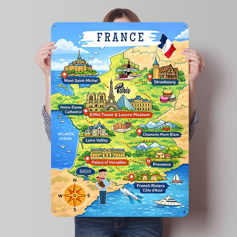 Retro Gaming France - Poster Logam Kartun Peta Perjalanan Prancis,